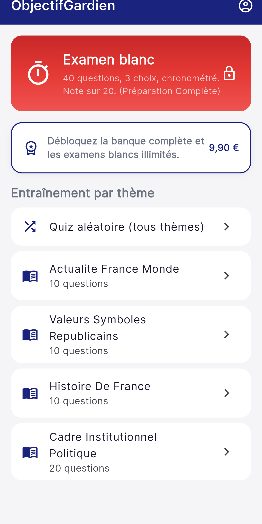 Écran d'entraînement de l'application Objectif Gardien avec le thème Cadre institutionnel et politique et le mode examen blanc chronométré